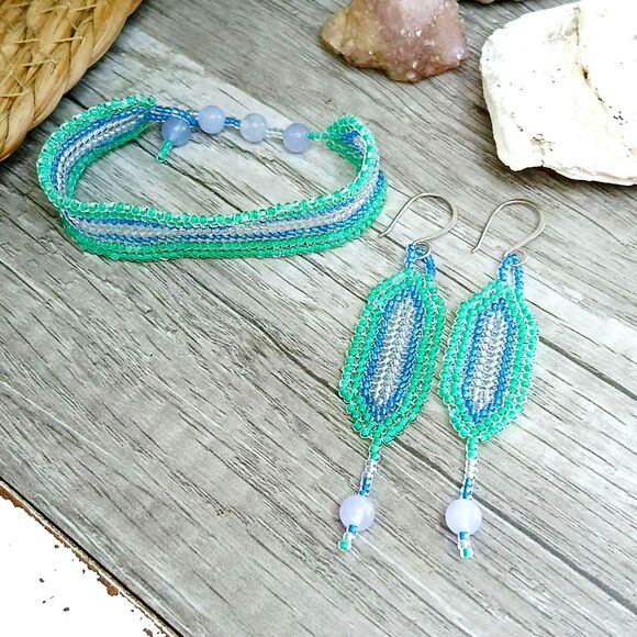 Handmade Jewelry - Aquamarine Gemstone Beaded Bracelet & Earring Set, Seed Bead Jewelry